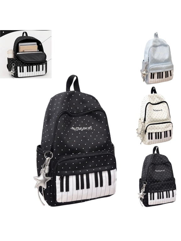 Piano Backpack for Girls Polka Dot Piano Backpack Y2K Cutecore Polka Dot School Bookbag With Star Pendant Lightweight Nylon Adjustable Strap Daypack For Teen Girls Music Student Campus Travel,Black