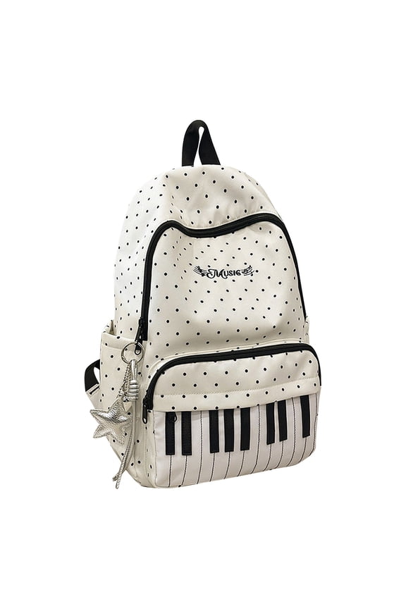 Piano Backpack, Polka Dot Backpack, Music Backpack, Coquette Aesthetic Backpack, Music Note Daypack, Casual Travel Rucksack, Lightweight Nylon Bookbag for Commute Travel Daily Use, White