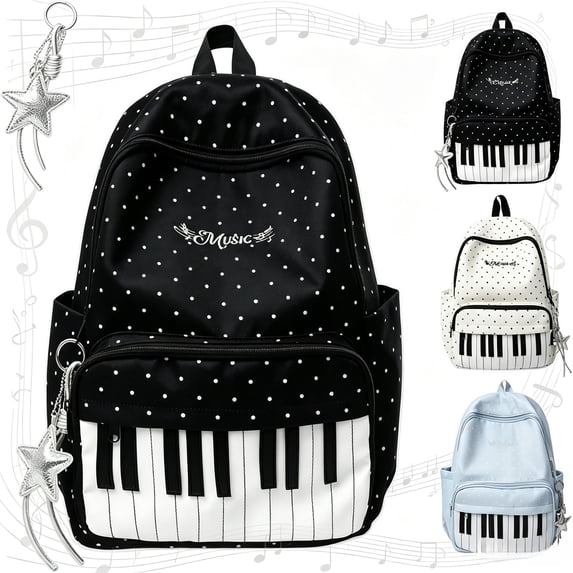 Piano Backpack, Polka Dot Nylon Music Daypack with Star Pendant, Whimsical Y2K Backpack for School, Campus, Work, Travel and Daily Commute