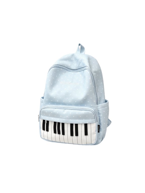 Piano Backpack for Women Cute Blue Polka Dot Nilong Bookbag with Padded Straps Y2K Music Daypack for Back to lSchool
