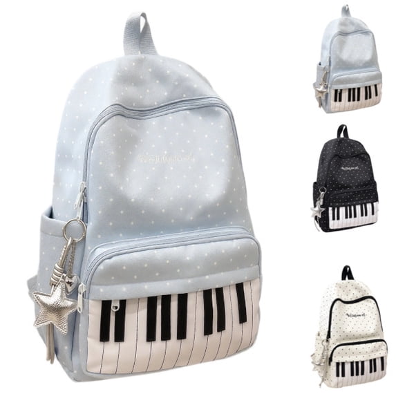 Piano Backpack for Women, Polka Dot Backpack with Keyboard Design, Cute Y2K Daypack for Travel, Work and Daily Use,Blue