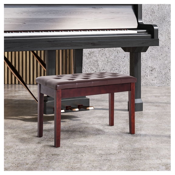Piano Bench, Duet Adjustable Keyboard Seat with Padded Cushion, Wooden Frame, Button Tufted Piano Stool, Brown
