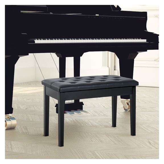Piano Bench Duet Chair - Black Faux Leather Padded Keyboard Bench, Wooden Frame, Button Tufted, Adjustable for 2 People