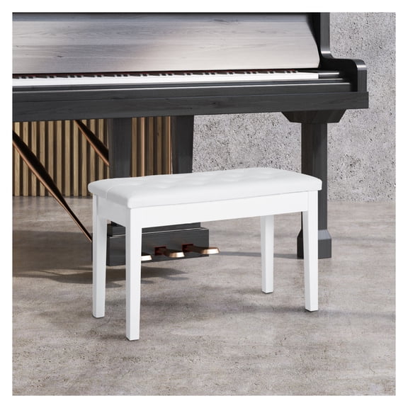 Piano Bench Duet Chair White Faux Leather Padded Keyboard Stool Button Tufted Wooden Frame for Concerts, Lessons, Home