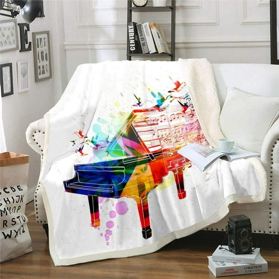 Piano Fleece Throw Blanket Colorful Piano Design with Flying Hummingbirds Clef and Notes Melody Sherpa Blanket Room Decorative Plush Blanket, 40x50 Inch, Blue Red Flannel Blanket