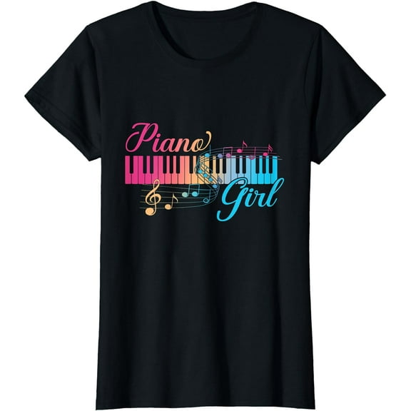 Piano Girl Colorful Keyboard Graphic Musical Notes Cute T-Shirt