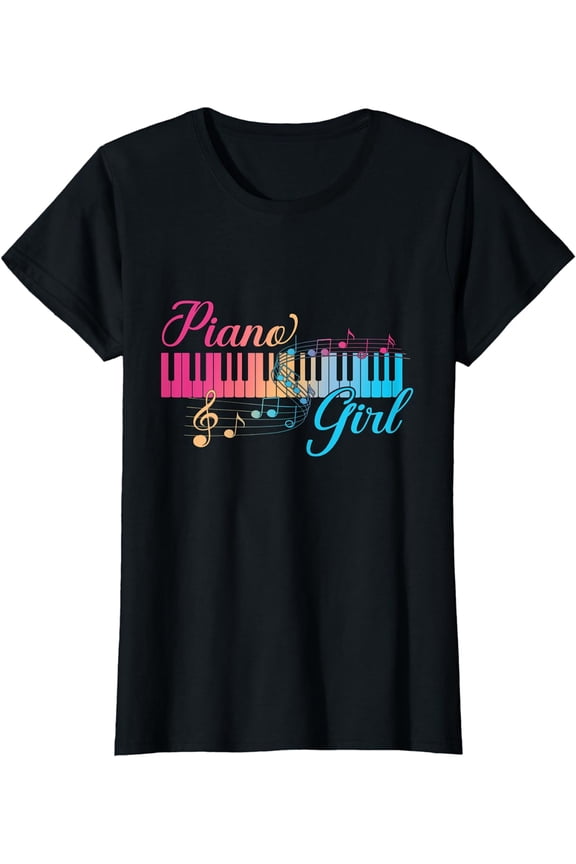 Piano Girl Colorful Keyboard Graphic Musical Notes Cute T-Shirt