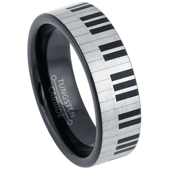 Piano Key Engraving Tungsten Ring - 7MM Pipe Cut Black Tungsten Wedding Band - Musical Tungsten Carbide Ring - 15