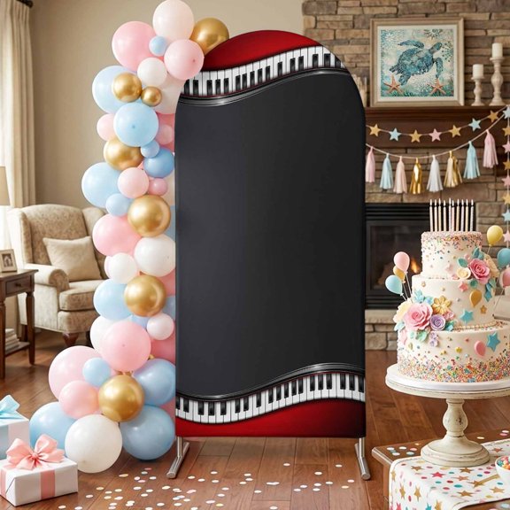 Piano Keyboard Arch Backdrop Covers 4 FT, Retro Black Red Musical Notes Theme Wave Lines Stretchy Fitted Arched Stand Covers Party Arch Stand Cover Photo Booth for Wedding Birthday Decor