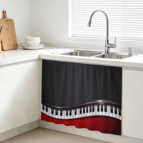 Piano Keyboard Cabinet Curtains for Kitchen 10"W x 11"L, Retro Black Red Musical Notes Theme Wave Lines Under Sink Skirt Magic Tape Short Curtain Decorative Privacy Panel for Bathroom Laundry