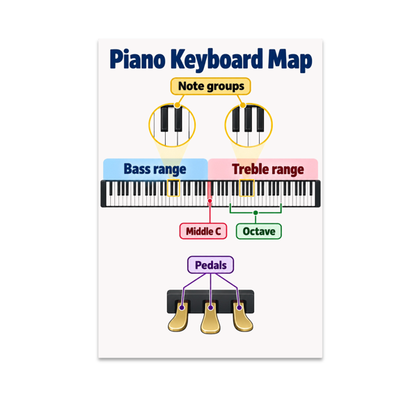 Piano Keyboard Map Guide - Music Classroom Decor - 13x19 Poster Print