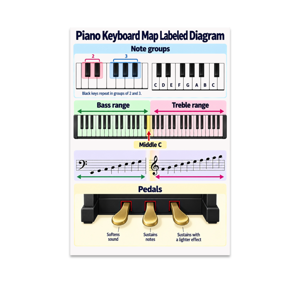 Piano Keyboard Map Labeled Diagram Guide - Music Student - 13x19 Poster Print