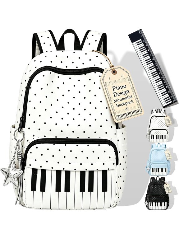 Piano Keyboard Print Backpack for Women, Y2K Aesthetic Japanese School Bookbag, Musical Daypack for Commute Travel (White-1)