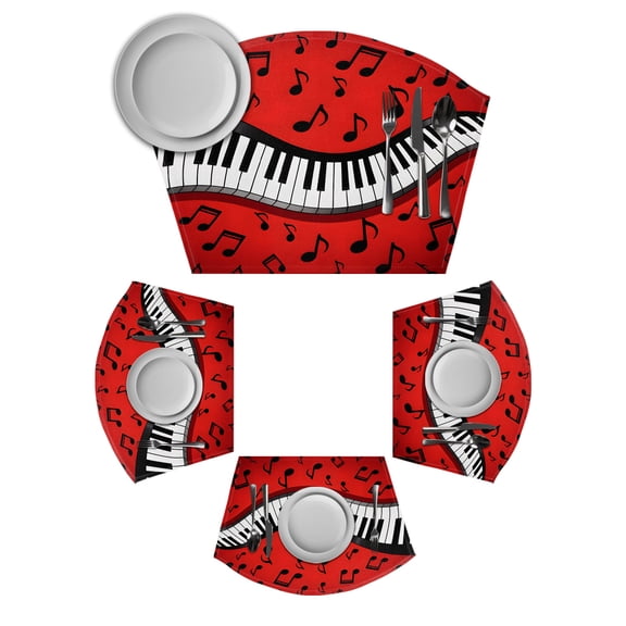 Piano Keyboards Round Table Placemats Set of 2 Wedge Placemats, Musical Notes Vintage Red Place Mats for Dining Table Set Washable Mats Kitchen Decor for Indoor Outdoor Wipe Clean