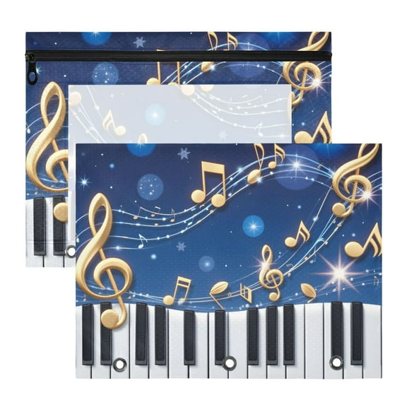 Piano Keys Shining Stars Notes 3-Ring Binder Pouches A4 Size Zipper Pocket File Storage 2 Packs