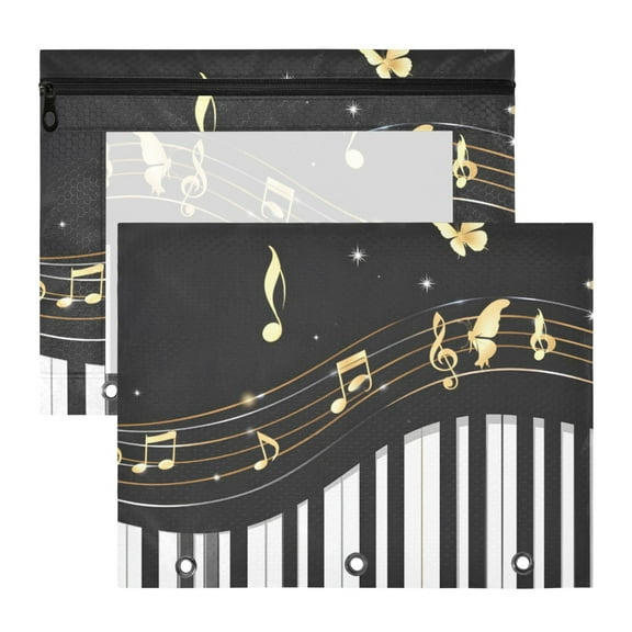 Piano Keys Stave Notes Butterfly 3-Ring Binder Pouches A4 Size Zipper Pocket File Storage 2 Packs