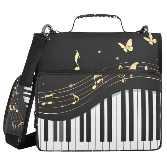 Piano Keys Stave Notes Butterfly Binder Bag with Shoulder Strap 3 Ring Zipper Binder File Folder Document Storage