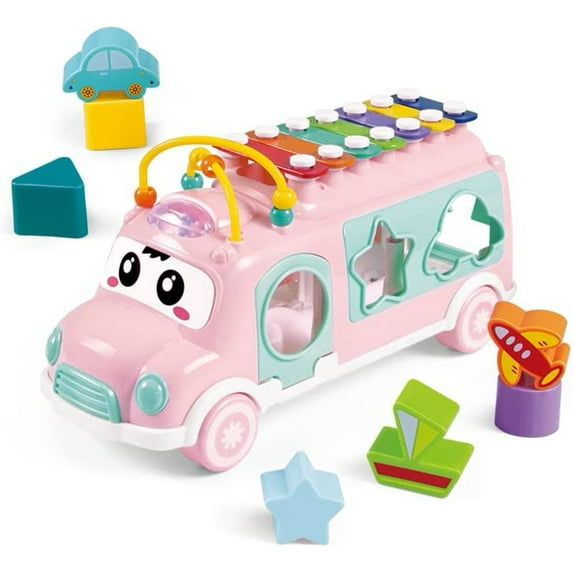 Piano Music Bus Baby Toys for 1-3 Years Old, Shape Puzzles Knocking Piano Toys Educational Gifts for 1 Year Old Boy and Girl, Pink