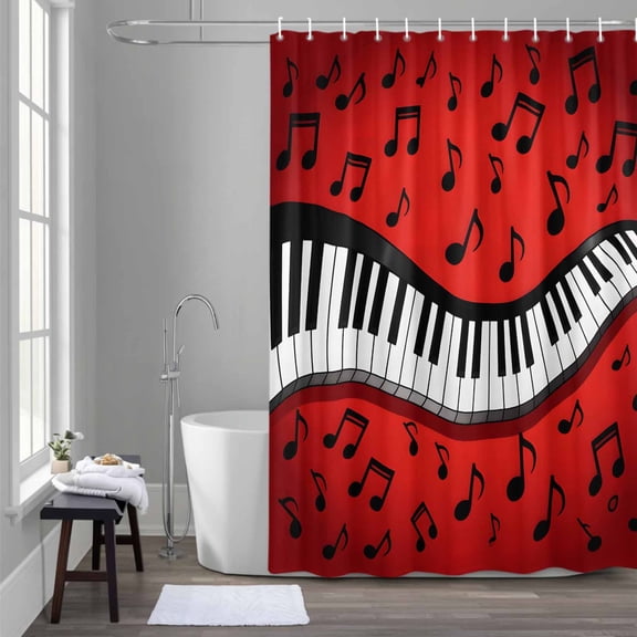 Piano Music Note 36x72 Inches Waterproof Shower Curtain, Abstract Black White Piano Keys Modern Musical Note Red Bath Curtain Set with 12 Hooks Washable Shower Curtains for Bathroom Bathtub Decor
