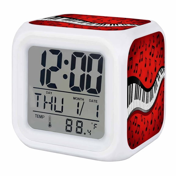 Piano Music Note Alarm Clock, Abstract Black White Piano Keys Modern Musical Note Red Digital Clock Night Light with 7 Color, Calendar Temperature Display, LED Desk Small Clock for Bedrooms