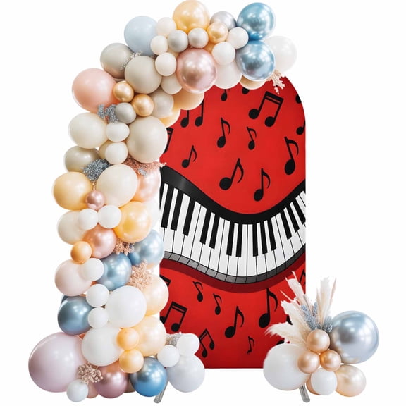Piano Music Note Arch Backdrop Cover 4 FT Abstract Black White Piano Keys Modern Musical Note Red Stretchy Elastic Arch Stand Covers Spandex Arched Background Birthday Wedding Decoration (No Stand)