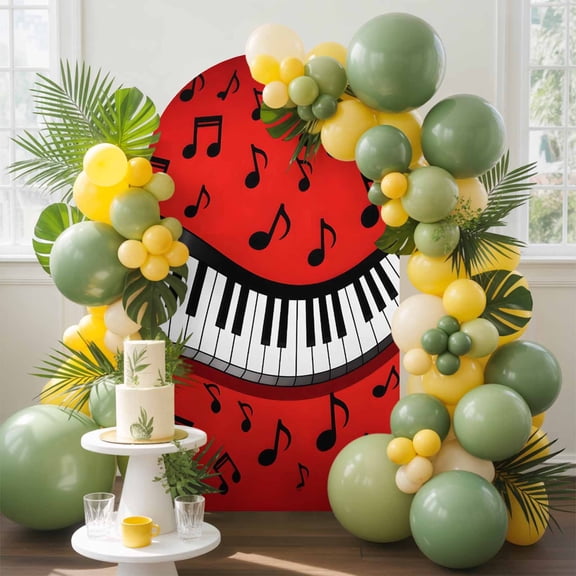 Piano Music Note Arch Backdrop Cover, 6.6FT, Abstract Black White Piano Keys Modern Musical Note Red Spandex Arch Covers Double-Sided Backdrop for Wedding Birthday Party Photo Background Decoration