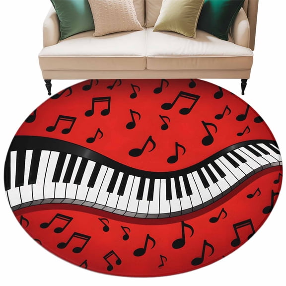 Piano Music Note Area Rug, Abstract Black White Piano Keys Modern Musical Note Red Washable Large Circle Carpet, Non Slip Round Rug for Living Room/Bedroom/Dining Room/Home Office/Dorm