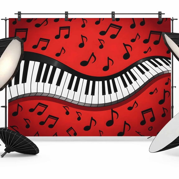 Piano Music Note Backdrop for Photography, Abstract Black White Piano Keys Modern Musical Note Red Photo Backdrop Portrait Background Party Banner Photo Backgrounds for Studio Booth Props, 7x5ft