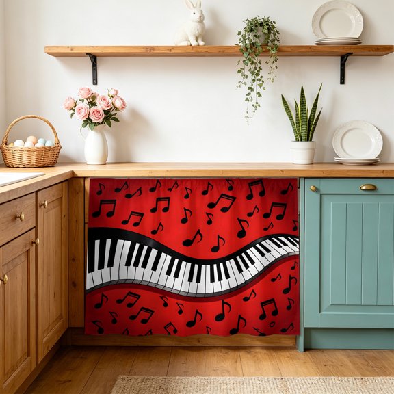 Piano Music Note Cabinet Curtains 10" W x 11" L Abstract Black White Piano Keys Modern Musical Note Red Waterproof Adhesive Kitchen Under Sink Curtain Dust-Proof Dishwasher Skirt for Closet