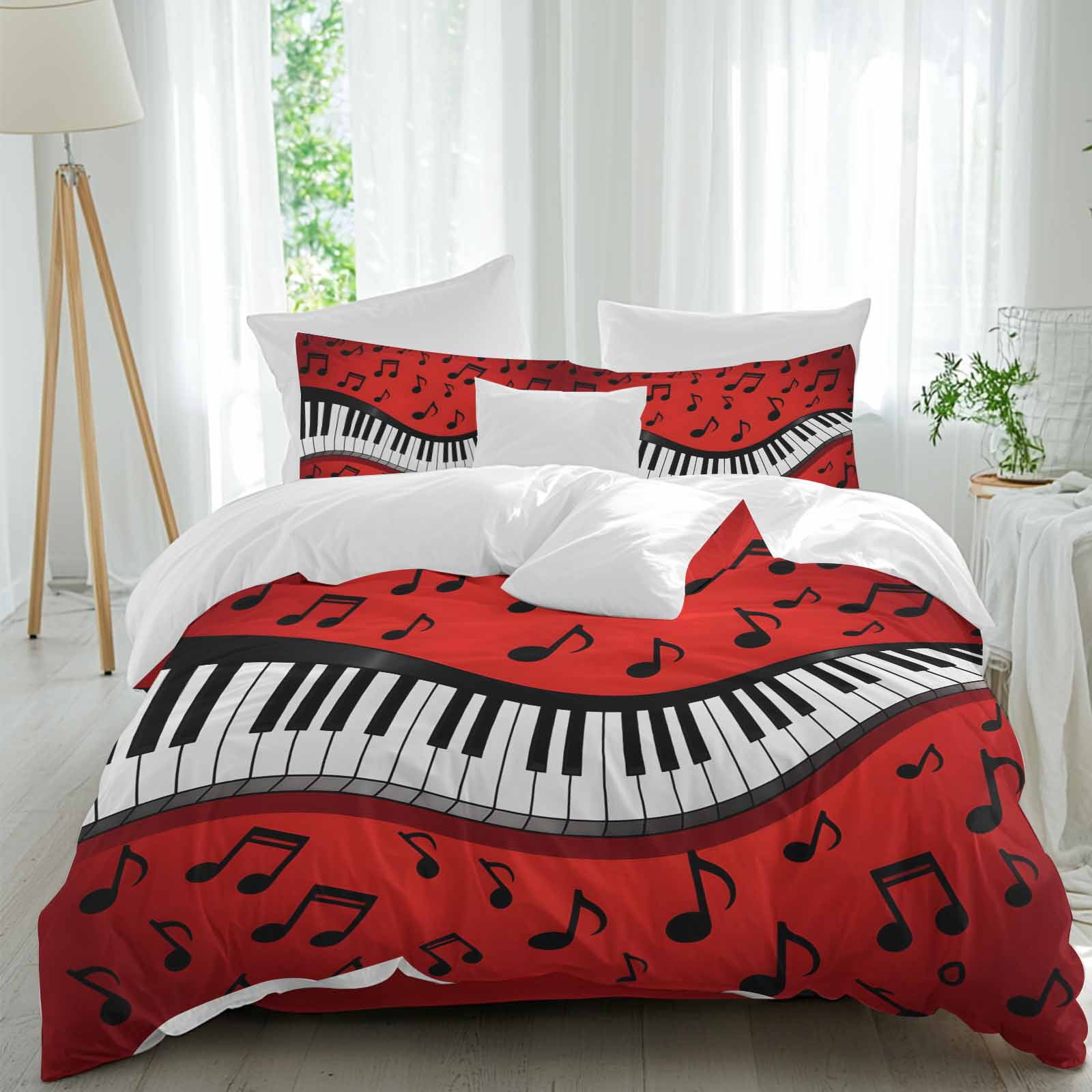 Music Note Bedspread Piano Music Note Full Size Comforter Set, Abstract White Piano Keys ...
