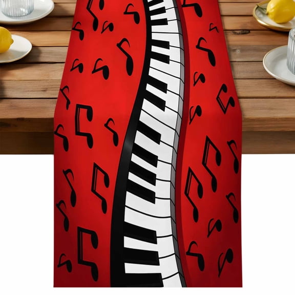 Piano Music Note Table Runner, Abstract Black White Piano Keys Modern Musical Note Red Cotton Linen Table Cloth, Tablerunner for Kitchen Dining Party Wedding Home Decor 13x48 Inch