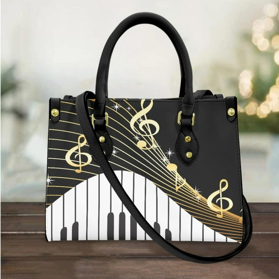 Piano Music Pattern Handbag Gold Note Printing Fashion Outdoor Pu Shoulder Bag Ladies Girl Casual Large Capacity Tote Bag