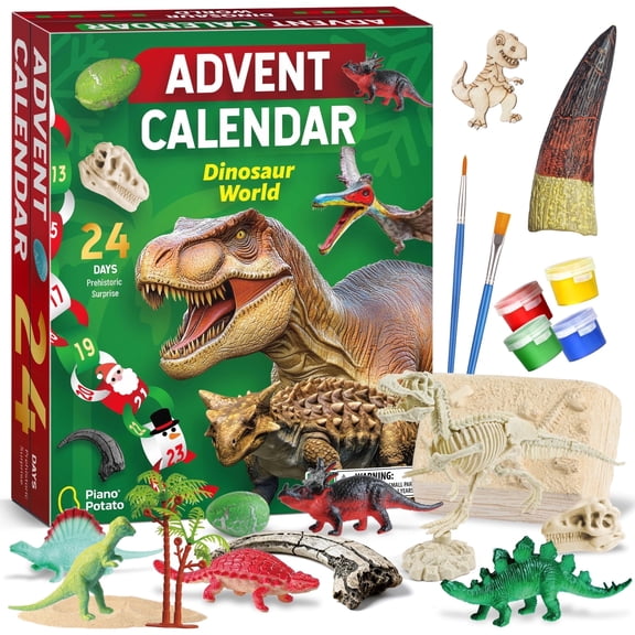 Piano Potato Dinosaur World Advent Calendar for Kids - 24 Days Prehistoric Surprise Christmas Countdown with Dino Figurines, Fossil Dig, Painting, Ideal Xmas Gift for Boys Girls