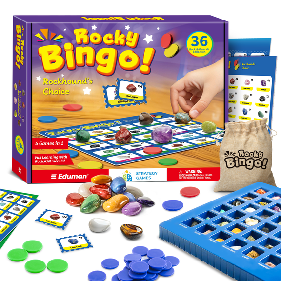 Piano Potato Rocks Bingo Game for Kids, STEM Rock Collection Kit with 36 Real Gemstones & Minerals, Educational Geology Gift for Ages 6+