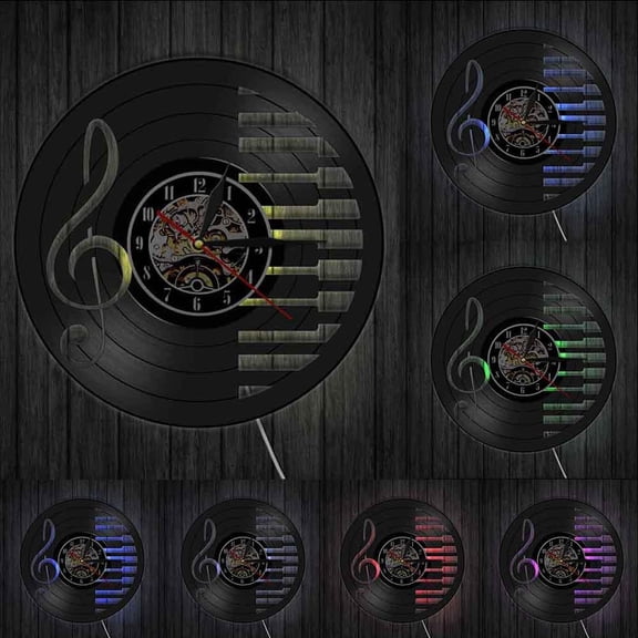 Piano Room Wall Sign Decor Music Notes Mute Vinyl Record Clock Wall Art Silent Quartz Vinyl Watch Musician Pianist Teacher Gift With LED