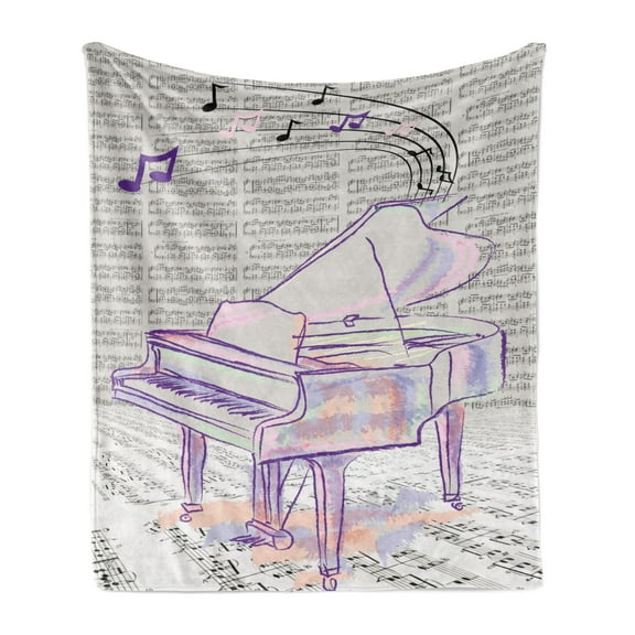 Piano Soft Flannel Fleece Throw Blanket, Music Notes Design Abstract Art Hand Drawn Doodle Arrangement Print Bicolor, Cozy Plush for Indoor and Outdoor Use, 50" x 60", Beige and Purple, by Ambesonne