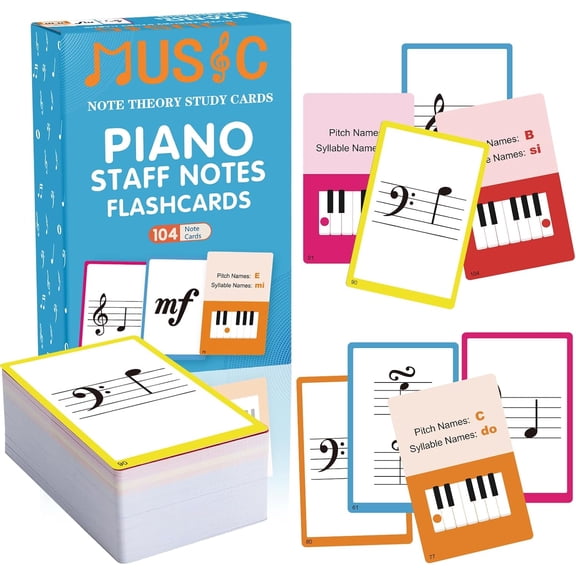 Piano Staff Notes Flashcards, Piano Staff Theory and 104 Sheets Flash Cards, Fun Educational Flashcards for Piano, Music Learners