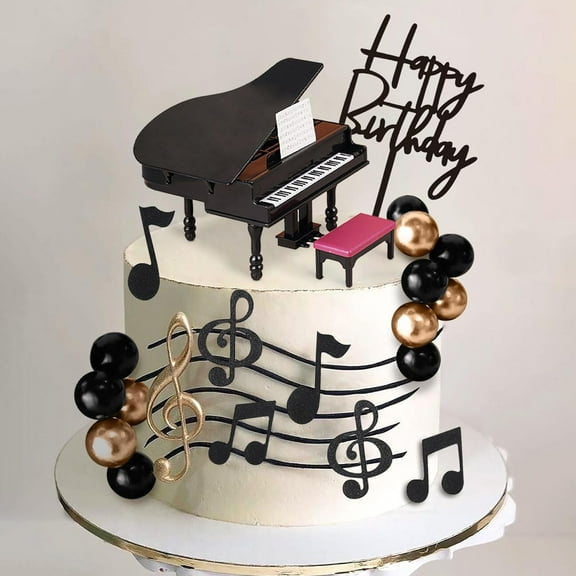Piano Theme Cake Decoration Set - Happy Birthday Insert Card Music Note Black Gold Elegant Baking Accessories