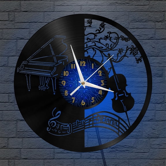 Piano Violin Playing 12 Inch Vinyl Record Wall Clock - Silent, Creative, and Unique Clock for Living Room, Entryway, or Bedroom Decor - Perfect Gift Idea(12 inchs B with LED)