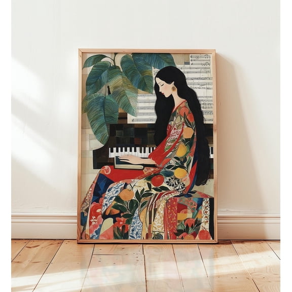 Piano Wall Art Modern Figurative Woman Floral Kimono Contemporary Music Room Decor, Unframed Canvas 8x10in