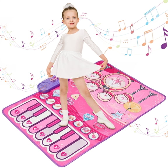 Rirool 2-in-1 Musical Play Mat for Kids, Piano & Drum Dance Mat with 2 Sticks, Non-Slip Toddler Educational Toy, Foldable Music Mat Gift for Boys & Girls (Pink)