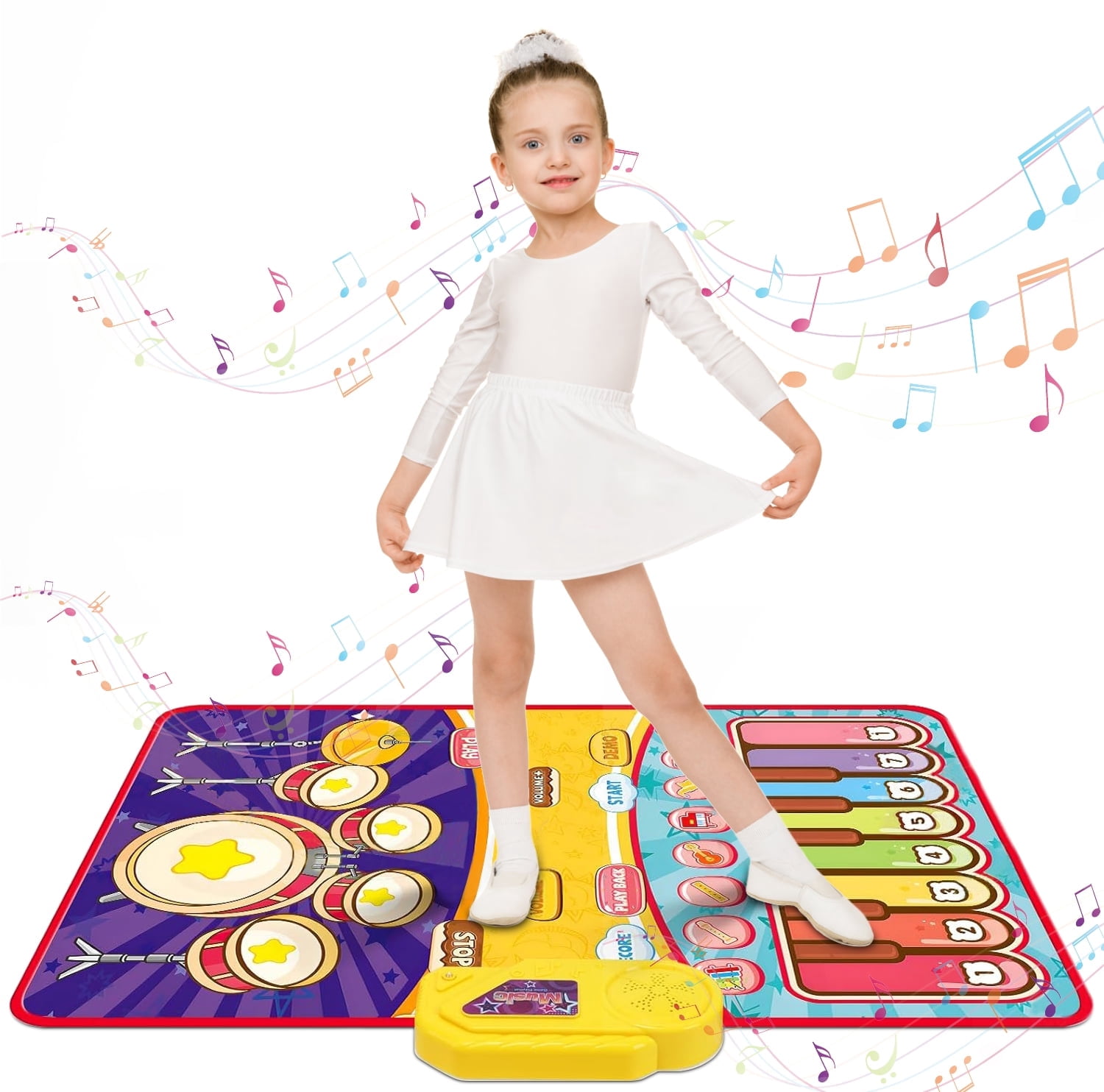 Rirool 2-in-1 Musical Play Mat for Kids, Piano & Drum Dance Mat with 2 Sticks, Non-Slip Toddler Educational Toy, Foldable Music Mat Gift for Boys & Girls (Purple/Blue)
