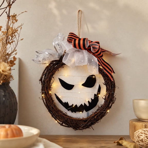Piasvoh 11.81 Inch Lighted Halloween Rattan Wreath Front Door, Pre-Lighted Spooky Jack O Lantern Face Hanging Wreath, Halloween Porch Wall Party Decor