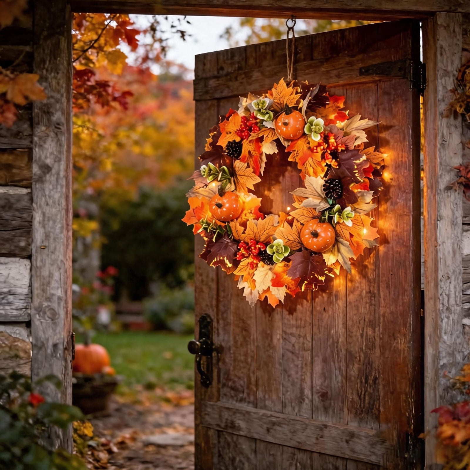Piasvoh 19.69 Inch Fall Harvest Wreath Front Door, Lighted Artificial ...