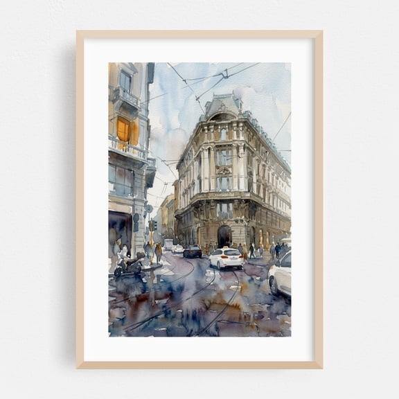 Piazza Cordusio Junction - Rainy Milano Street Life Watercolor - Milan Lombardy Italy Painting Watercolor City Architecture Street Photography Cityscape Oak Framed Wall Art Print 5 x 7 inches