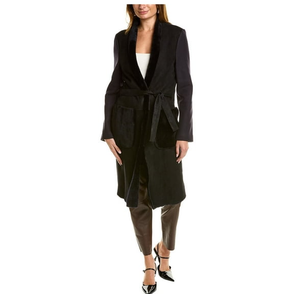 Piazza Sempione womens Leather-Trim Wool Coat, 38, Blue