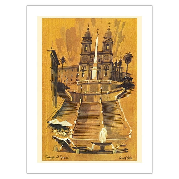 Piazza di Spagna - Rome Italy - Spanish Steps - Vintage Airline Travel Poster by David Klein c.1950s - Bamboo Fine Art 290gsm Paper Print (Unframed) 24x32in