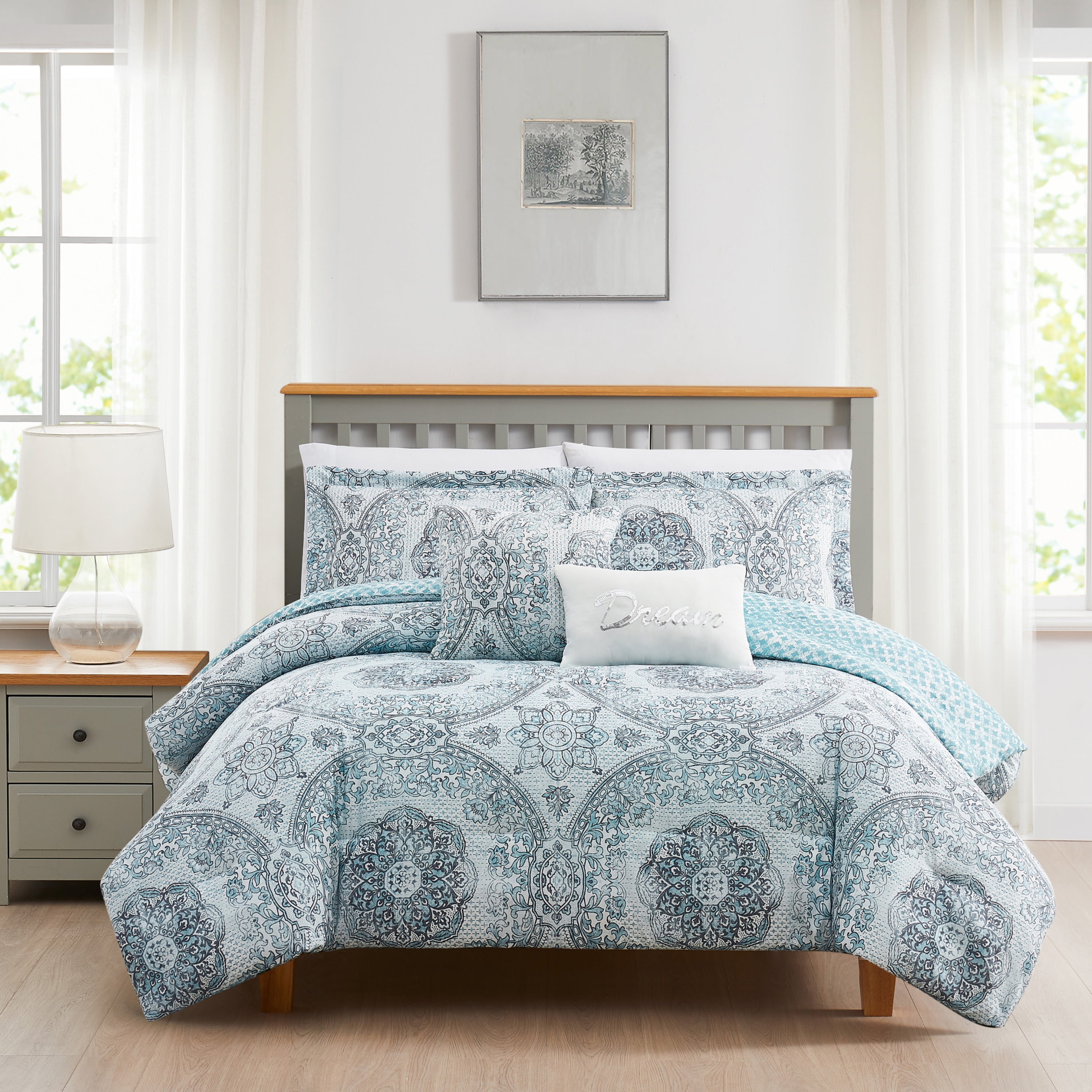 Twin Blue Microfiber Reversible Comforter Set with Geometric Print