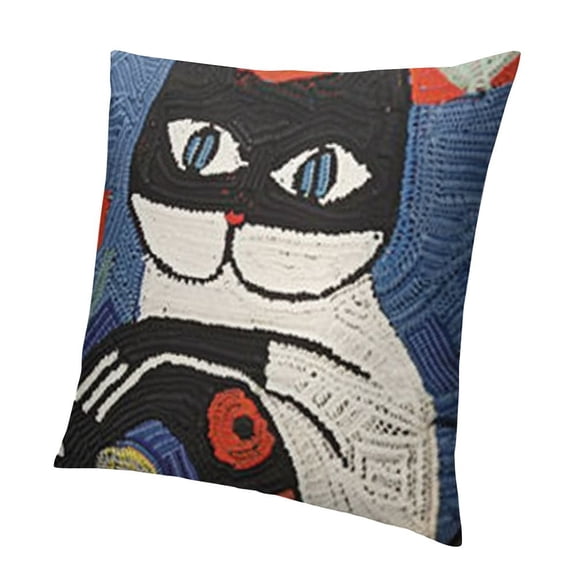 Picasso Blue Cat Pillow Cover Quadruplets Whimsical Hand Embroidered Wool