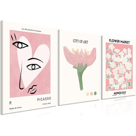 Picasso Canvas WallSet of 3, Pink Wall Decor Posters for Room Aesthetic, Abstract Pink Room Decor Floral Prints for Living Room, Bedroom, Gallery Decor